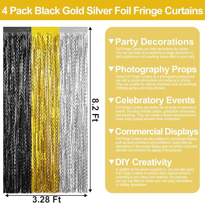 4 Pack Black Gold Silver Wave Foil Fringe Curtain Backdrop, 3.28Ft x 8.2Ft - Image 2