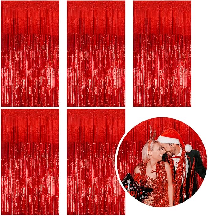 5 Pack Foil Curtain Backdrop Red Metallic Tinsel Foil Fringe Curtains Photo by KEJ