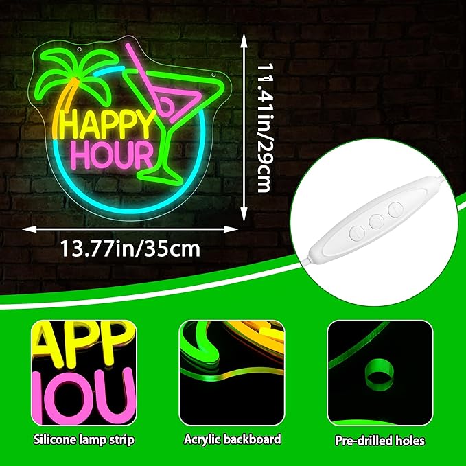 Happy Hour Neon Sign for Wall Decor Dimmable Cocktail Neon Light for Man Cave - Image 3
