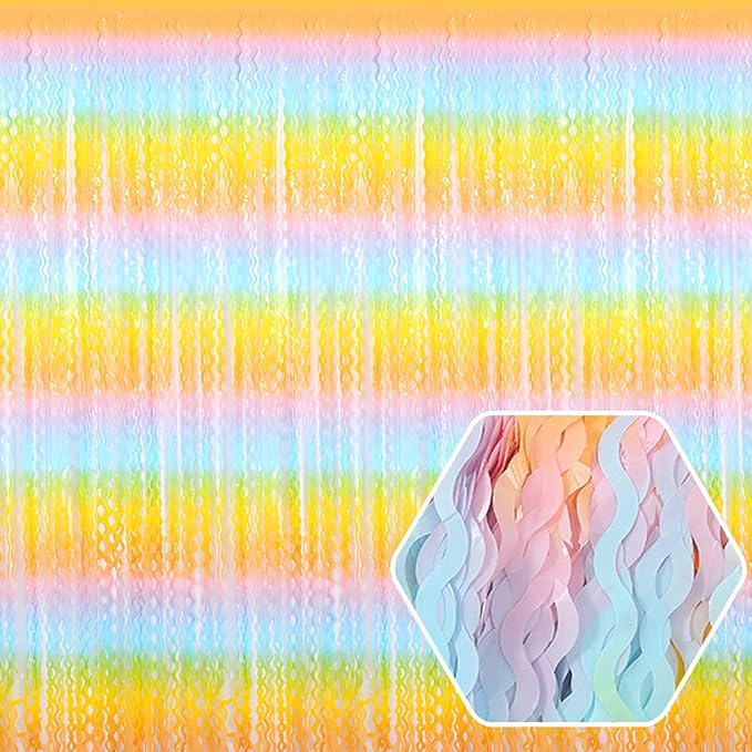 4 Pack Light Rainbow Wave Foil Fringe Curtain Backdrop, 3.28Ft x 8.2Ft Metallic by Ferwzsr