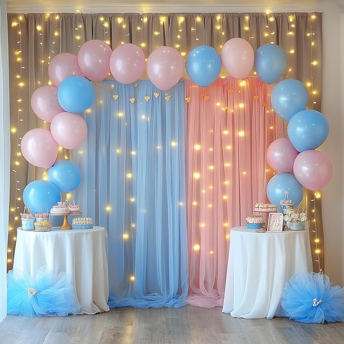 Fomcet Tulle Curtains with Lights String Pink and Blue 10FT X 10FT Sheer - Image 6