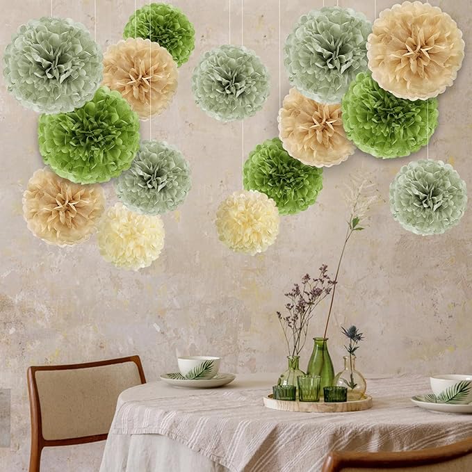 Olive Sage Green Tissue Paper Pom Poms Safari Jungle Party Decorations Paper - Image 5