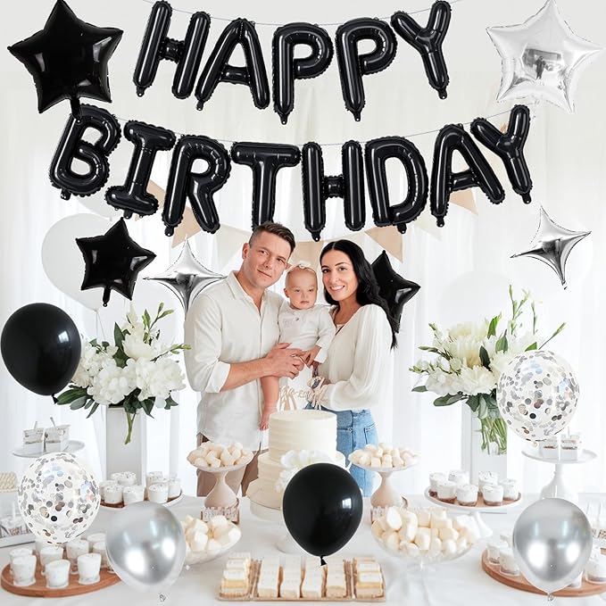 Happy Birthday Balloon Banner Black Silver, 16 Inch Mylar Foil Letter Balloons - Image 9
