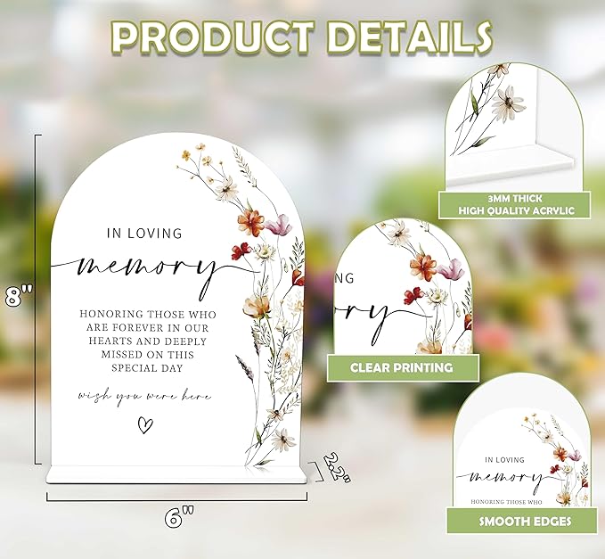Boho Floral In Loving Memory Sign, 6 x 8 Inch White Arch Acrylic Wedding Sign - Image 2