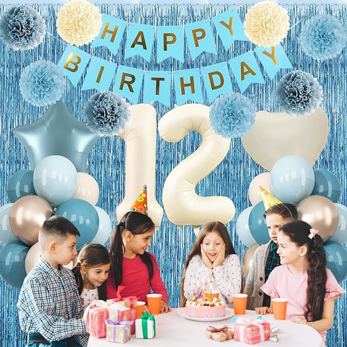 Dusty Blue 12th Birthday Party Decorations Boys Girls Beige Cream Number 12 - Image 3