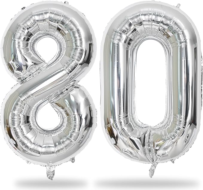 Silver 80th Birthday Balloons for Men, 40 Inch Mylar Self Inflating 80 Balloon by Lingqiang