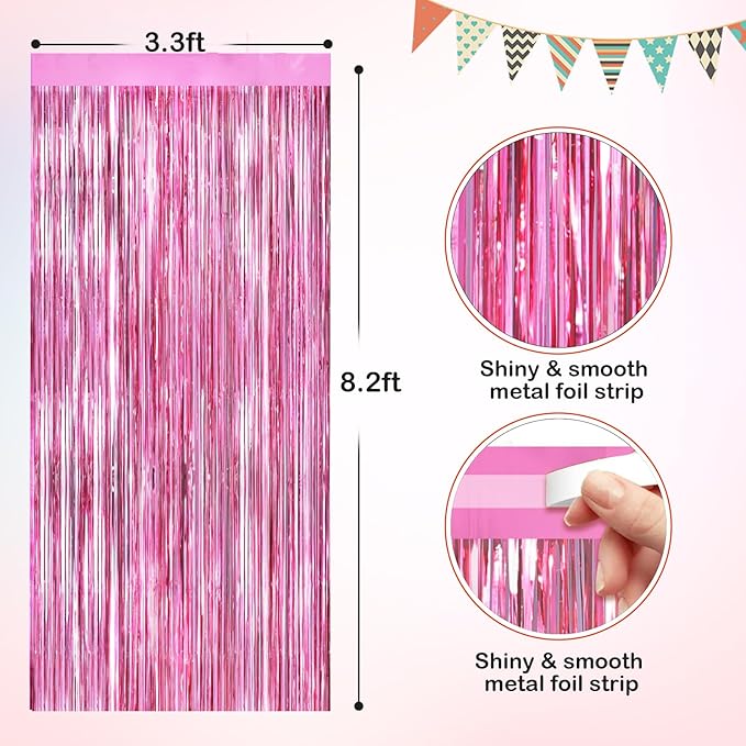 Pink Metallic Tinsel Foil Fringe Curtains, 2 Pack 3.3x8.3 Feet Party Streamer - Image 2