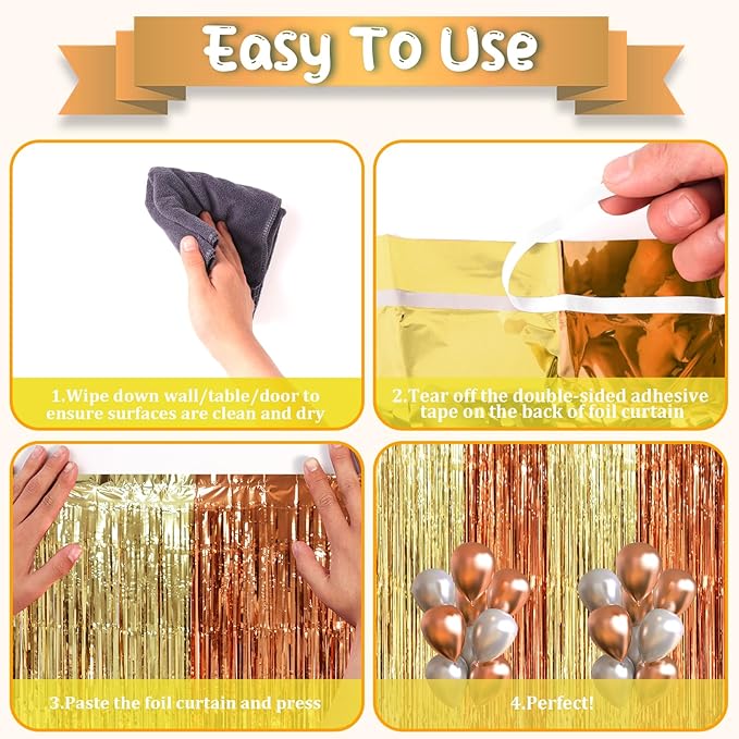 3 Pack 3.3 x 8.2 ft Rose and Champion Foil Fringe Backdrop Curtains, Tinsel - Image 4