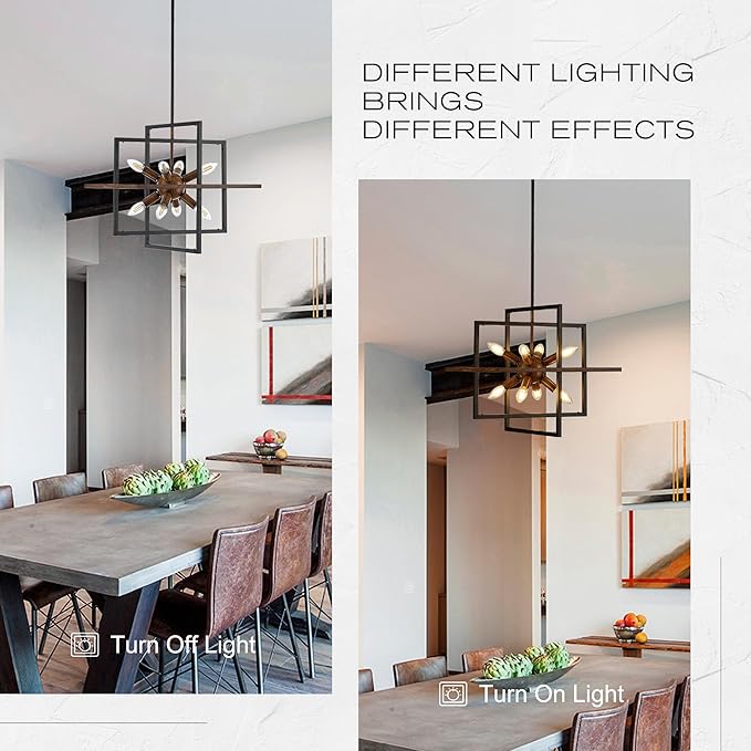 8-Light Wood Grain and Vintage Black Sputnik Chandelier, 18.9'' Industrial - Image 4