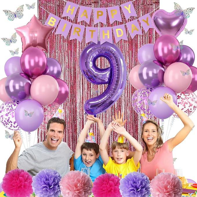 Pink Purple 9th Birthday Party Decorations - Image 5