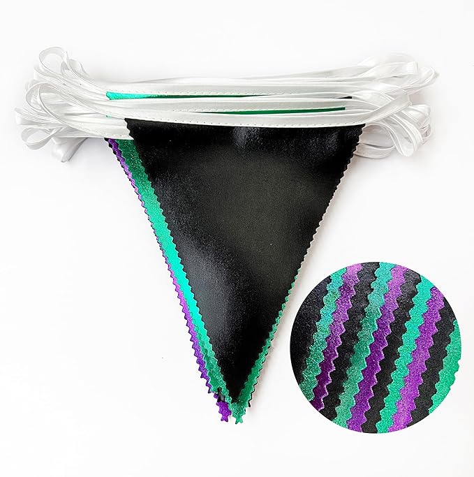 Black Purple Green Party Decorations Metallic Fabric Triangle Pennant Banner - Image 3