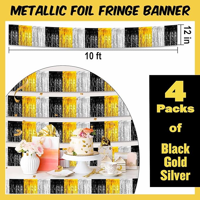 4 Pack 10 Ft Black Gold Silver Foil Fringe Garland Metallic Streamers Tinsel - Image 2