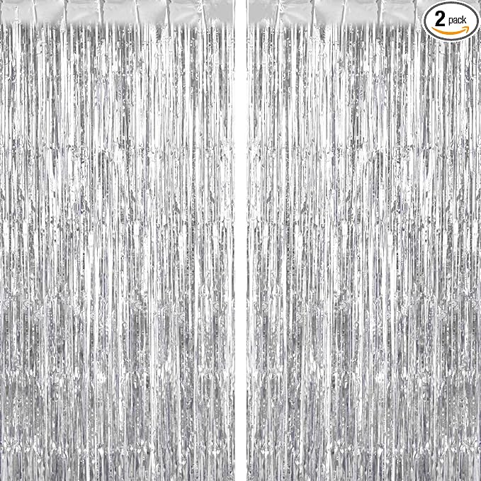 2 Pack Silver Fringe Curtains Foil Shiny Fringe Backdrop Tinsel Door Streamers by TOTAFAM