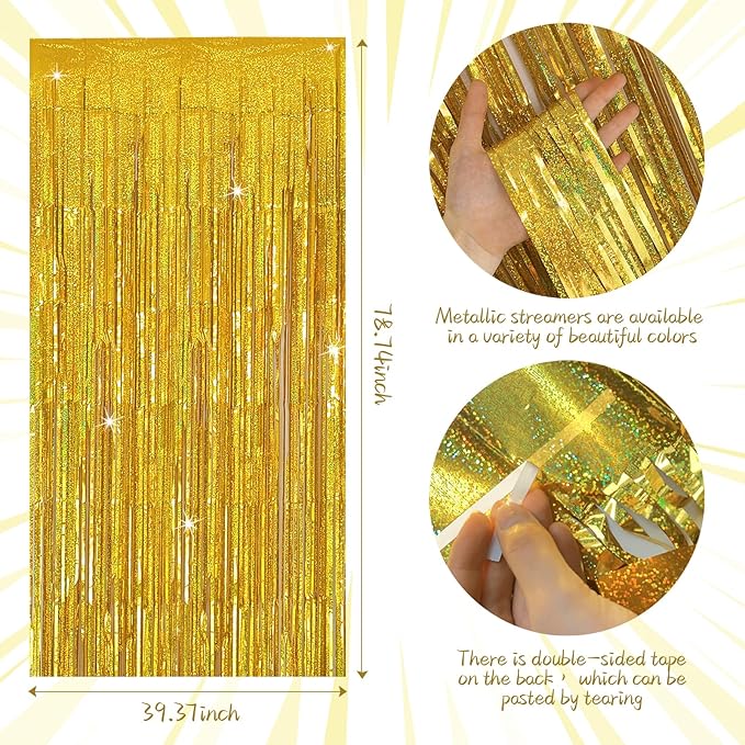 Tinsel Curtain Party Backdrop Gold Birthday Decorations 2 Packs Glitter Foil - Image 7