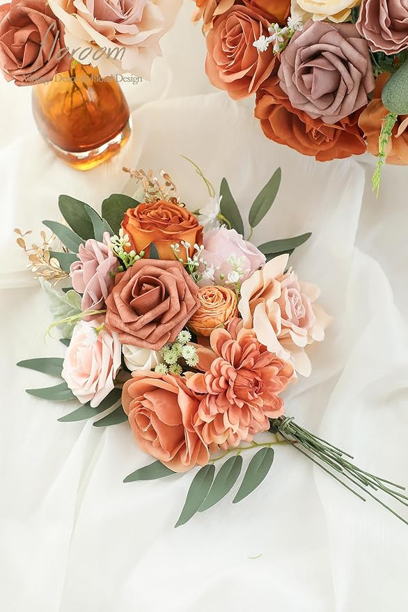 Floroom Terracotta Artificial Flowers Burnt Orange Fake Roses Peonies Dahlias - Image 2