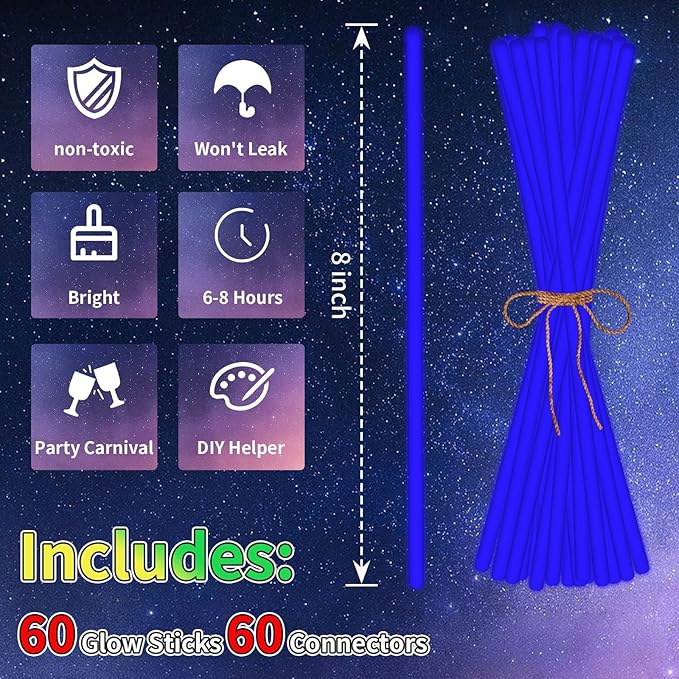 60 Pack 8” Blue Glow Sticks Bulk - Image 2