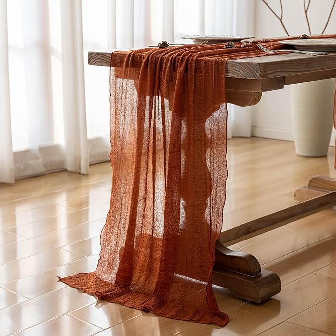Keketo Fall Thanksgiving Table Runner Terracotta Rust Gauze 120 Inch 10 FT - Image 5
