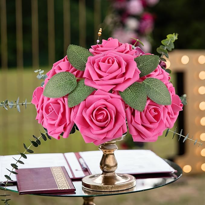 AmyHomie 25pcs Real Looking Artificial Hot Pink Roses w/Stem - Image 2