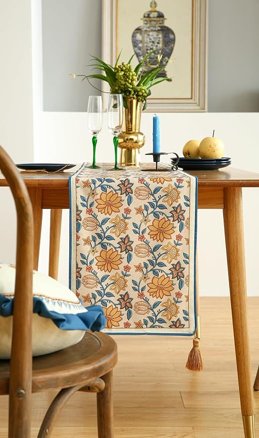 ISAENNE Designer Bohemian Elegant Linen Table Runner 87 Inches Long, Floral - Image 5