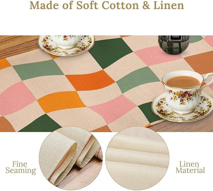 Hippie Table Runner, Vintage Geometric Square Orange Green Pink Grid 60s 70s - Image 7