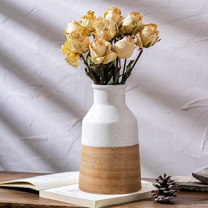 Rustic Farmhouse Flower Ceramic Striped Vase, Cottage Home Core Decor, Tabletop by SUREYUESI