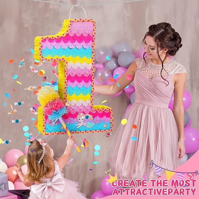 Number 1 Pinata for Birthday Party Decorations, Unicorn Mermaid Theme Pink - Image 5
