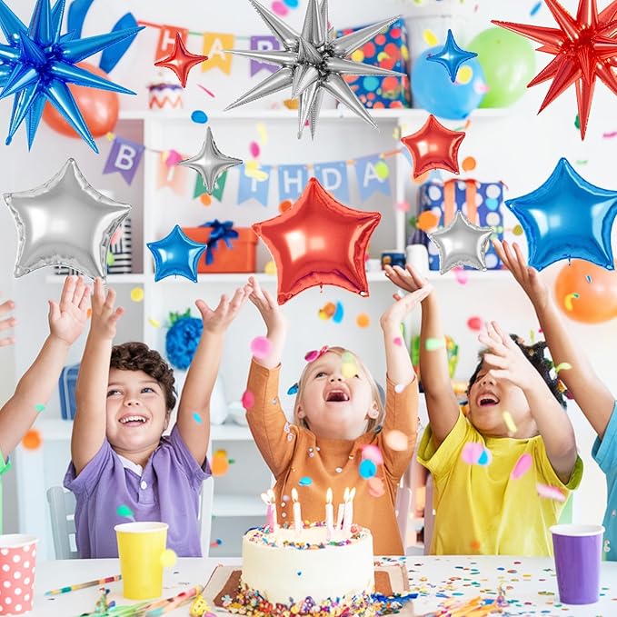 16 Pcs Red Blue Silver Star Balloons, 22/18/10 Inch Foil Balloons, Four-Pointed - Image 6