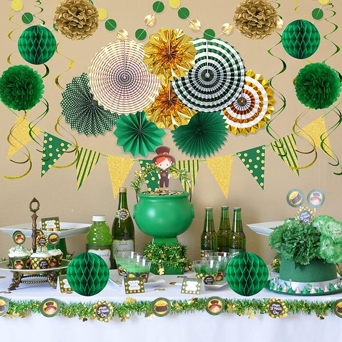 Green Gold Party Decorations Paper Fans, Graduation Season Hanging Glitter - Image 8