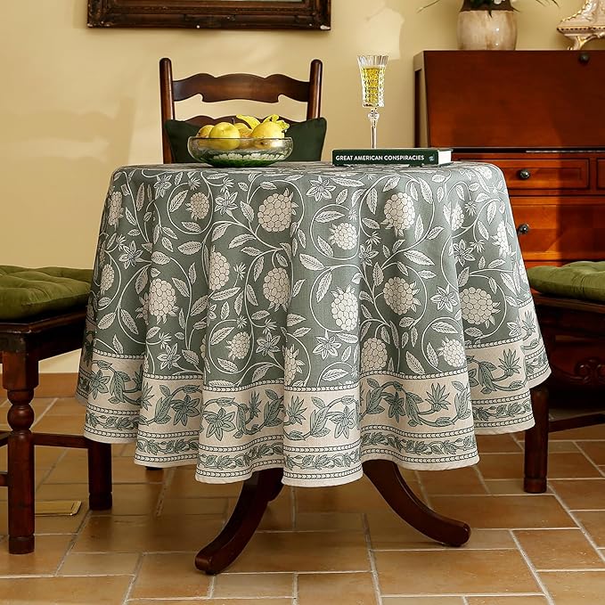 ISAENNE Designer Grayish Green Linen Round Tablecloth, Floral Elegant Stain - Image 2