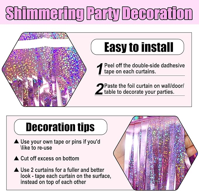 3 Pack Pink Foil Fringe Curtain Backdrop, 3.28Ft x 8.2Ft Metallic Tinsel Foil - Image 3
