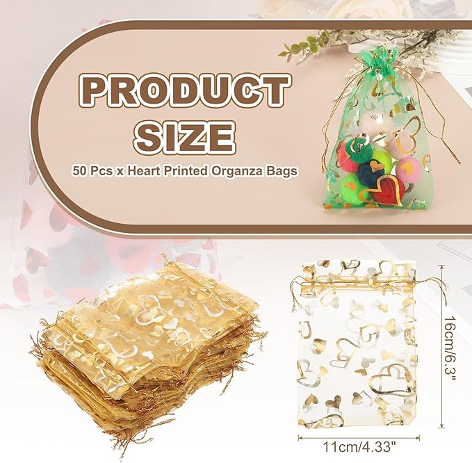 PATIKIL 50 Pcs 4x6 Inch Heart Printed Organza Bags - Image 2