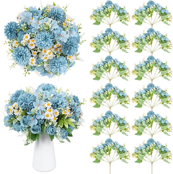 12 Bundles Artificial Flowers Blue Fake Rose Flower Mixed Chrysanthemum by GOSTADY