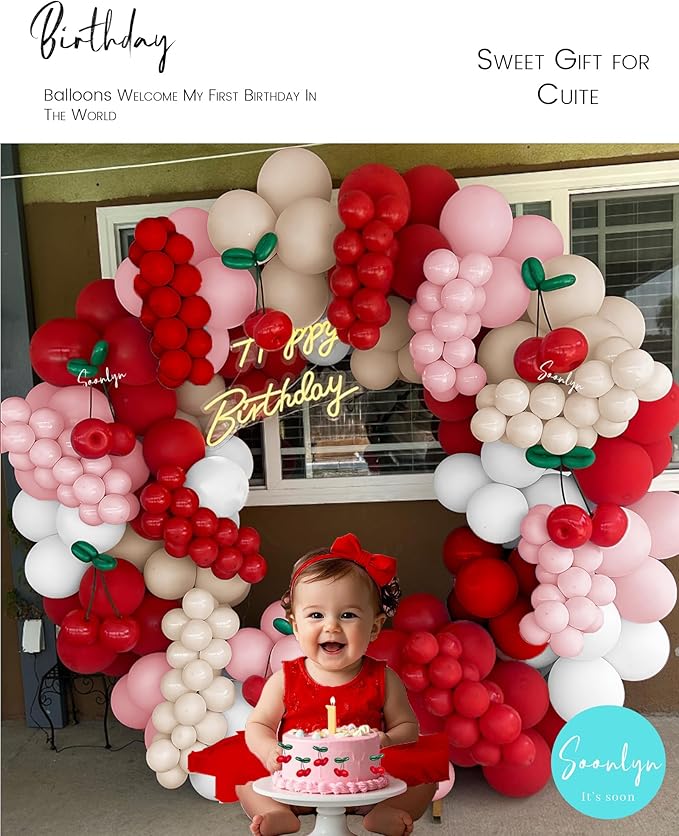 Soonlyn Cherry Balloons Arch kit 200Pcs 12In Cherry Birthday Decorations Red - Image 2