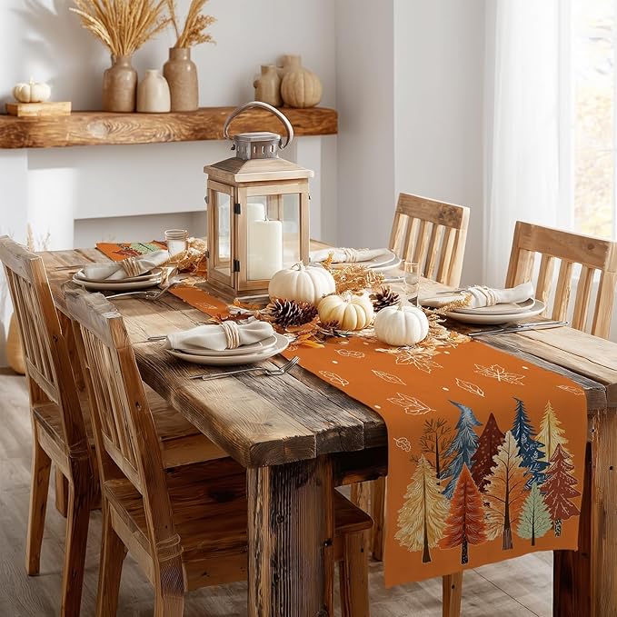 GEEORY Fall Watercolor Trees & Maple Leaves Table Runner 13x72 Inch, Rustic - Image 6