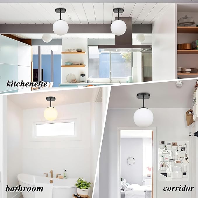 8" Black Semi Flush Mount Ceiling Light Fixture Milk Glass Globe Ceiling Light - Image 8