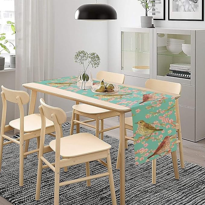 Table Runner with Flowers and Birds, Spring Plant Flowers Table Decoration - Image 4