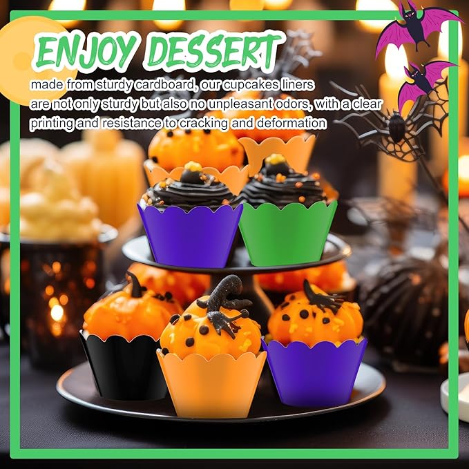 Domensi 100 Pcs Halloween Cupcake Wrappers Rustic Cupcake Liners Orange Black - Image 7