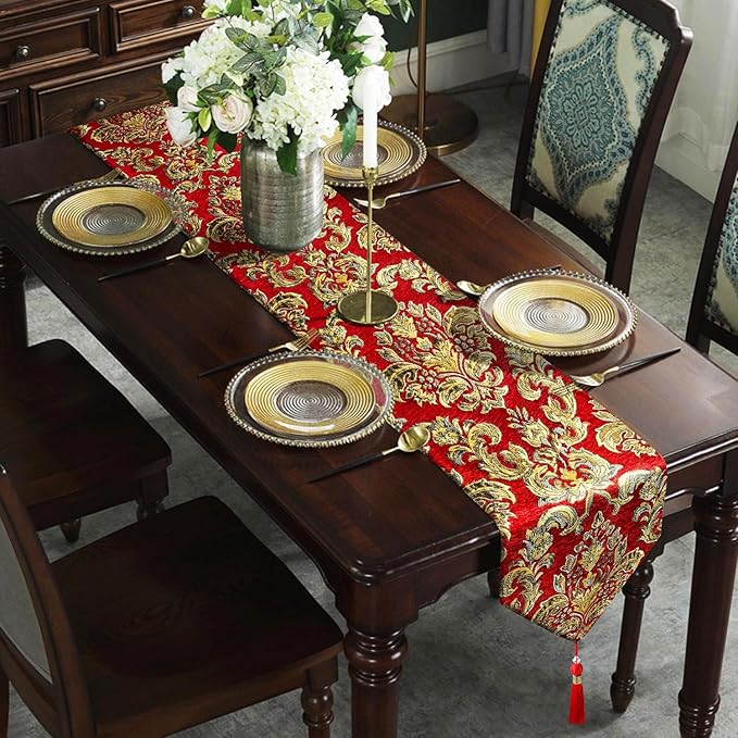 Burgundy Chenille Table Runner Embellished Jacquard - Image 3