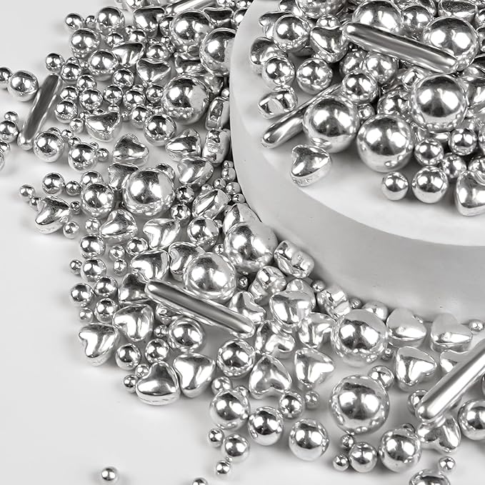 Silver Pearl Rods Heart Sprinkles, Baking Sugar, Mix Size, Cupcake Decoration - Image 6