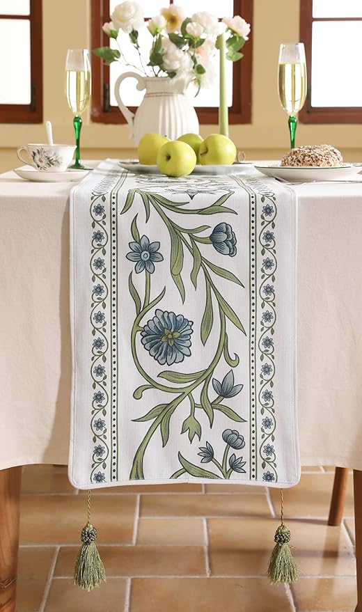 ISAENNE Designer Elegant Linen Table Runner 87 Inches Long, Vintage Blue Floral - Image 5