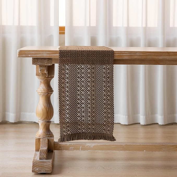 Boho Brown Table Runner for Home Decor 12x72 Inches Farmhouse Macrame Burlap - Image 4
