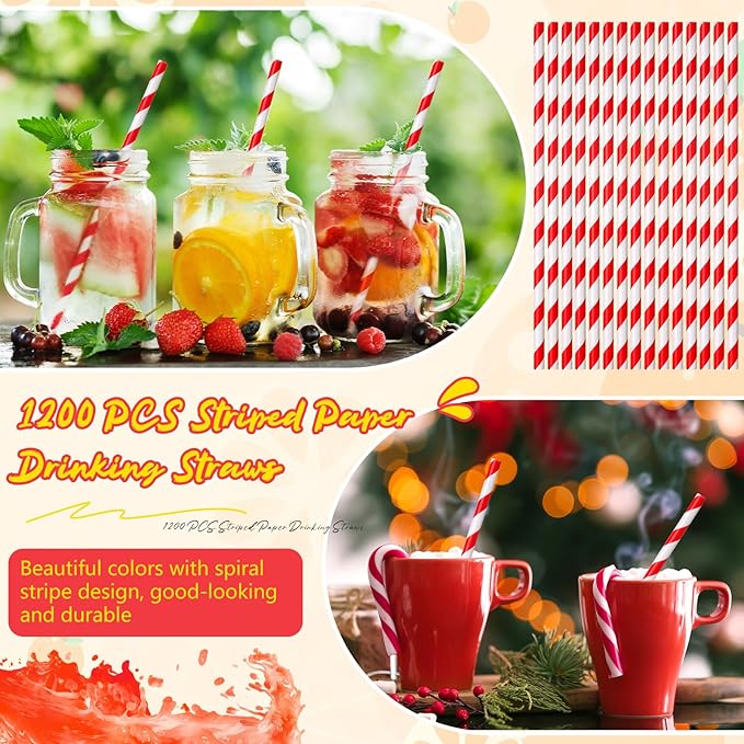 Eaasty 1200 Pcs Colored Paper Straws Bulk Disposable Striped Drinking Paper - Image 4