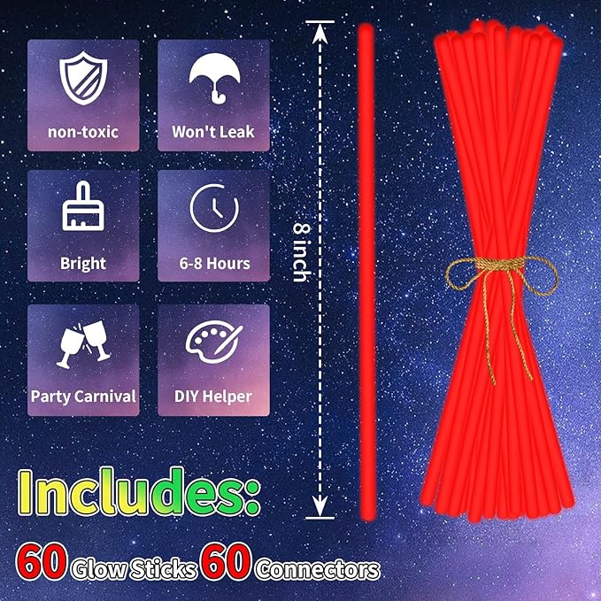 60 Pack 8” Red Glow Sticks Bulk - Image 2