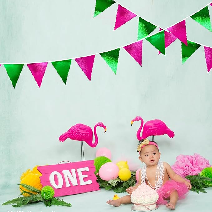 Pink and Green Party Decorations Metallic Hot Pink Light Green Fabric Triangle - Image 6