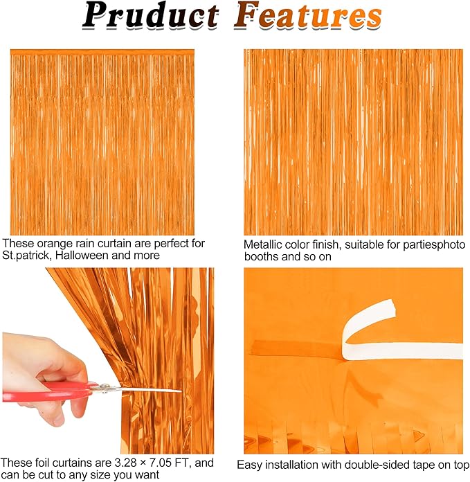 2 Pack Backdrop Curtains, 3.28 FT x 7.05 FT Orange Color Tinsel Backdrop - Image 4