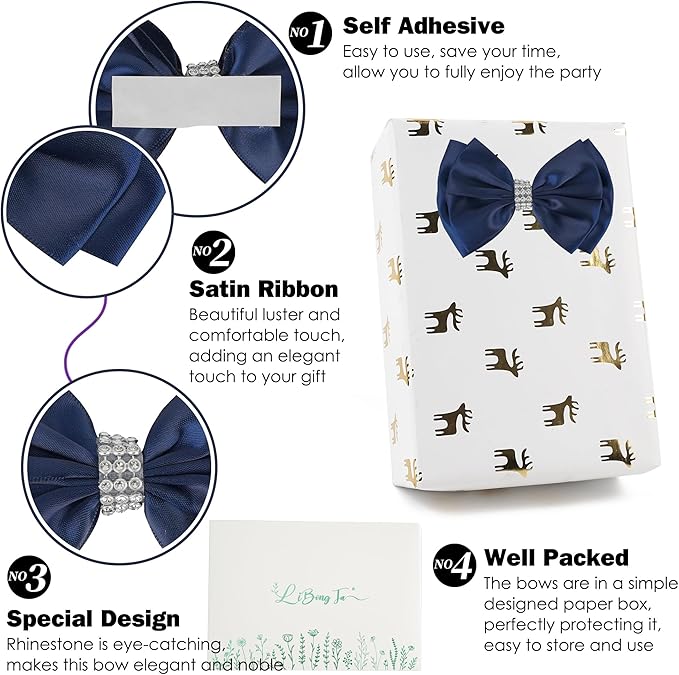 Navy Satin Bows 4'' Premade Blue Ribbon Bow, Gift Bows - Image 3