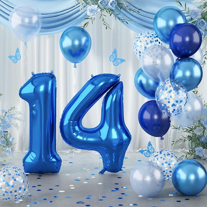 Large Foil Number 14 Balloons, Big Light Navy Blue 14 Helium Balloon by Lingqiang