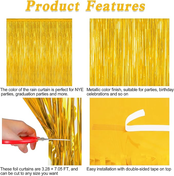 2 Pack Gold Tinsel Backdrop, 3.28 FT x 7.05 FT Metallic Fringe Curtain - Image 4