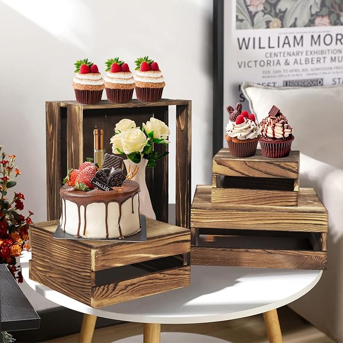 4 Pcs Buffet Risers with Mini Signs, Rustic Wood Cake Stands, Food Risers - Image 3