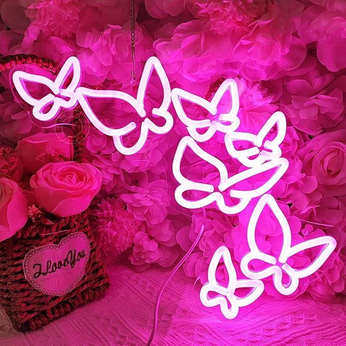 SYLHOME Pink Butterfly Led Neon Light Sign Girls Bedroom Kids Room Beauty by SYLHOME